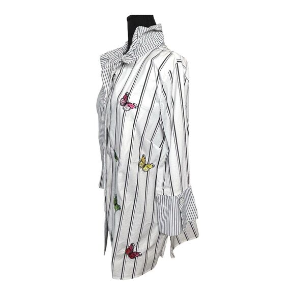 CALEOOA Whimsical Top Button Up Striped Tunic Embroidered Butterflies - Picture 4 of 11